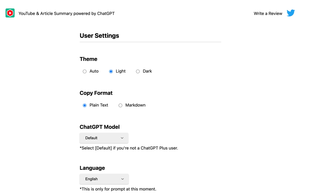 YouTube Summary with ChatGPT 設定畫面